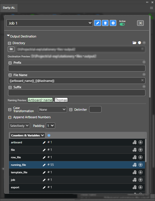 Export Job screen