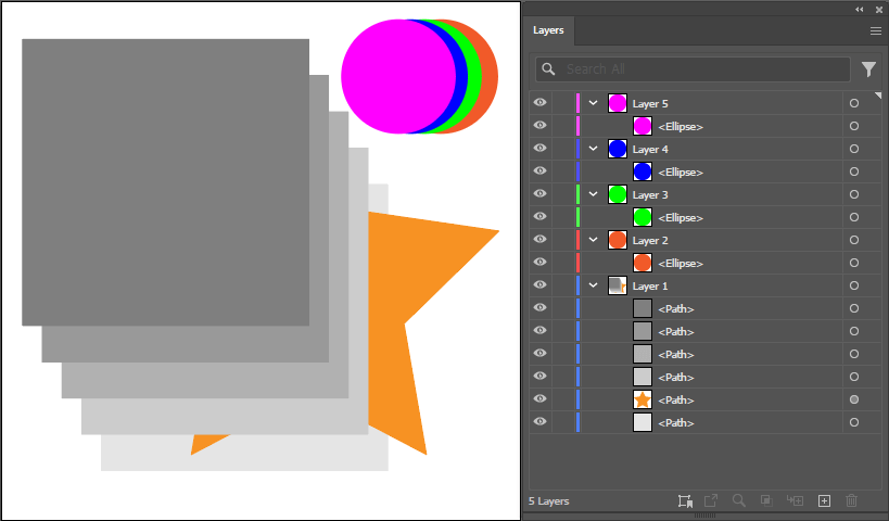 The star shape is moved downwards in the stacking order of its parent layer