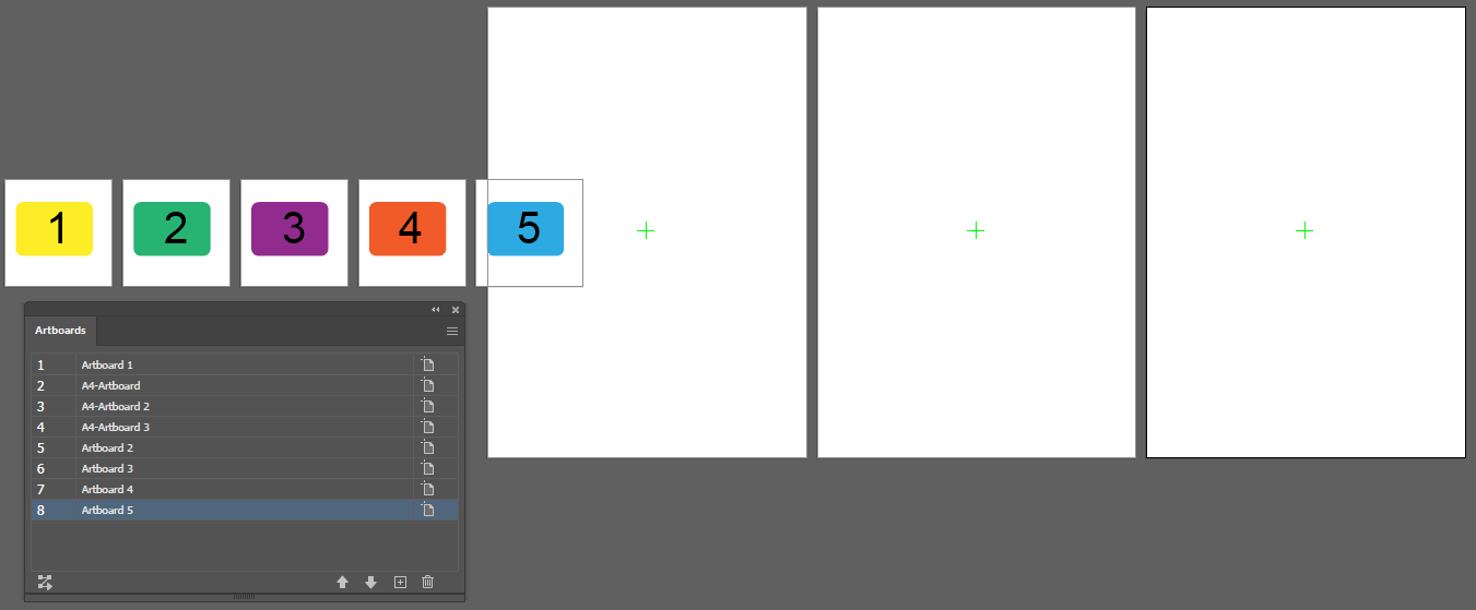 Add 3 artboards at index #2, using the "A4" template, named "A4 Artboard", without included art, and with a center-mark.