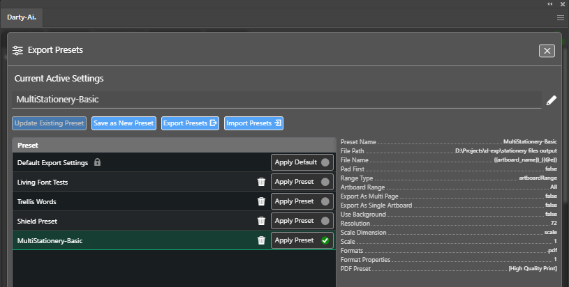 Manage Presets Dialog