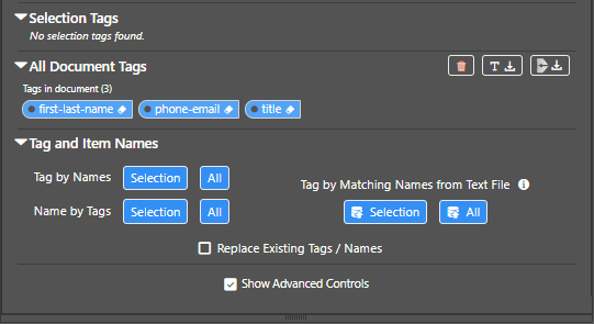 Advanced Controls of the Tags tab