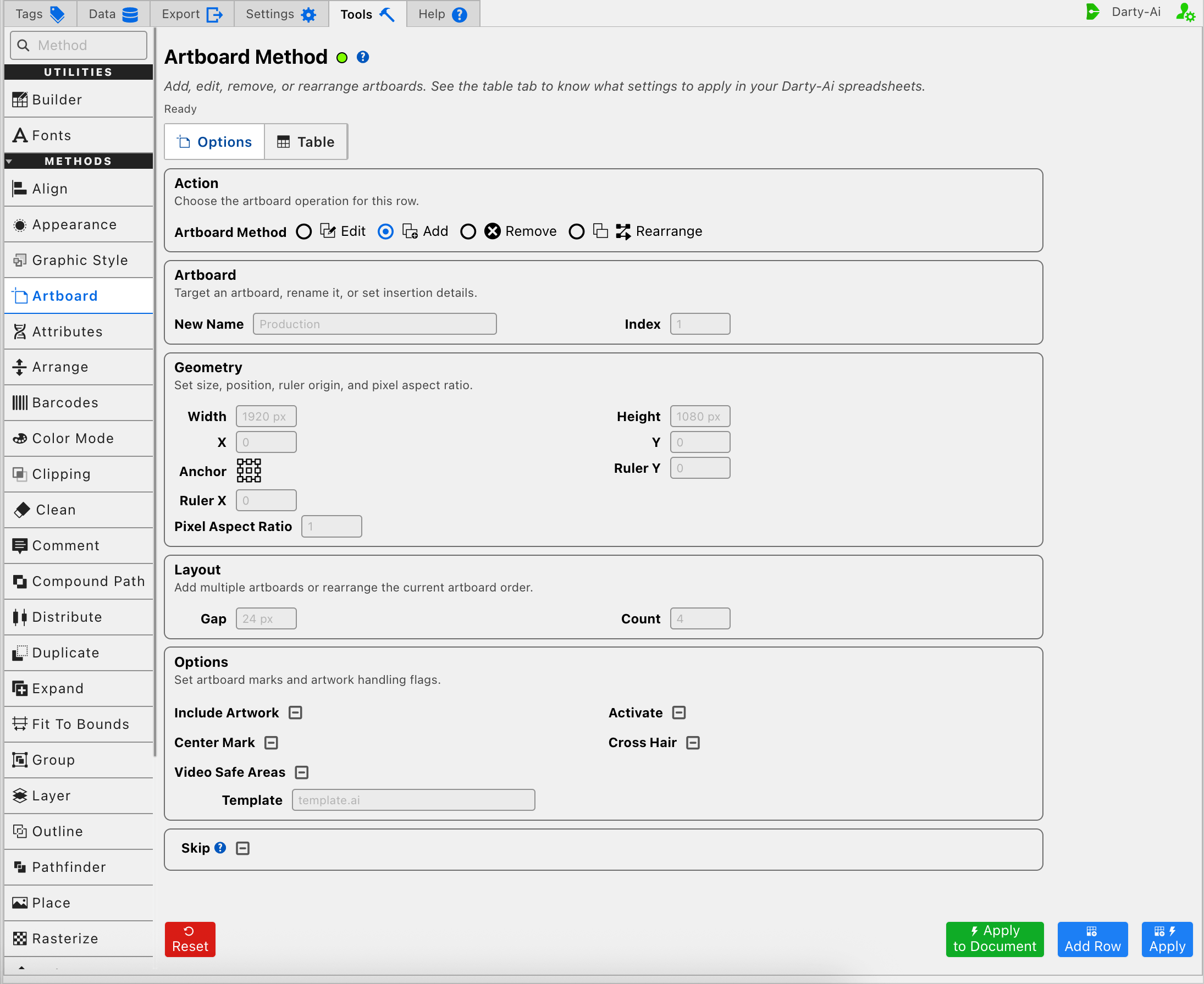 Artboard editor in Add mode