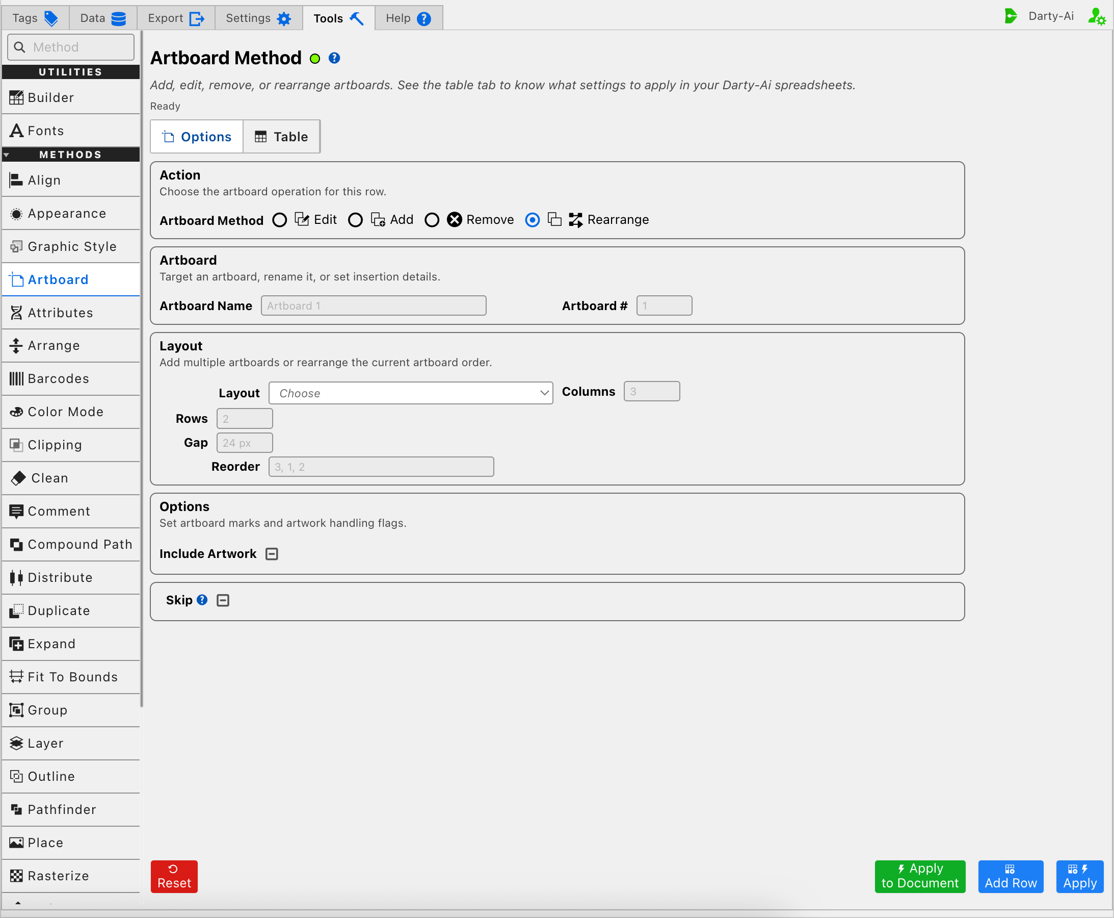 Artboard editor in Rearrange mode