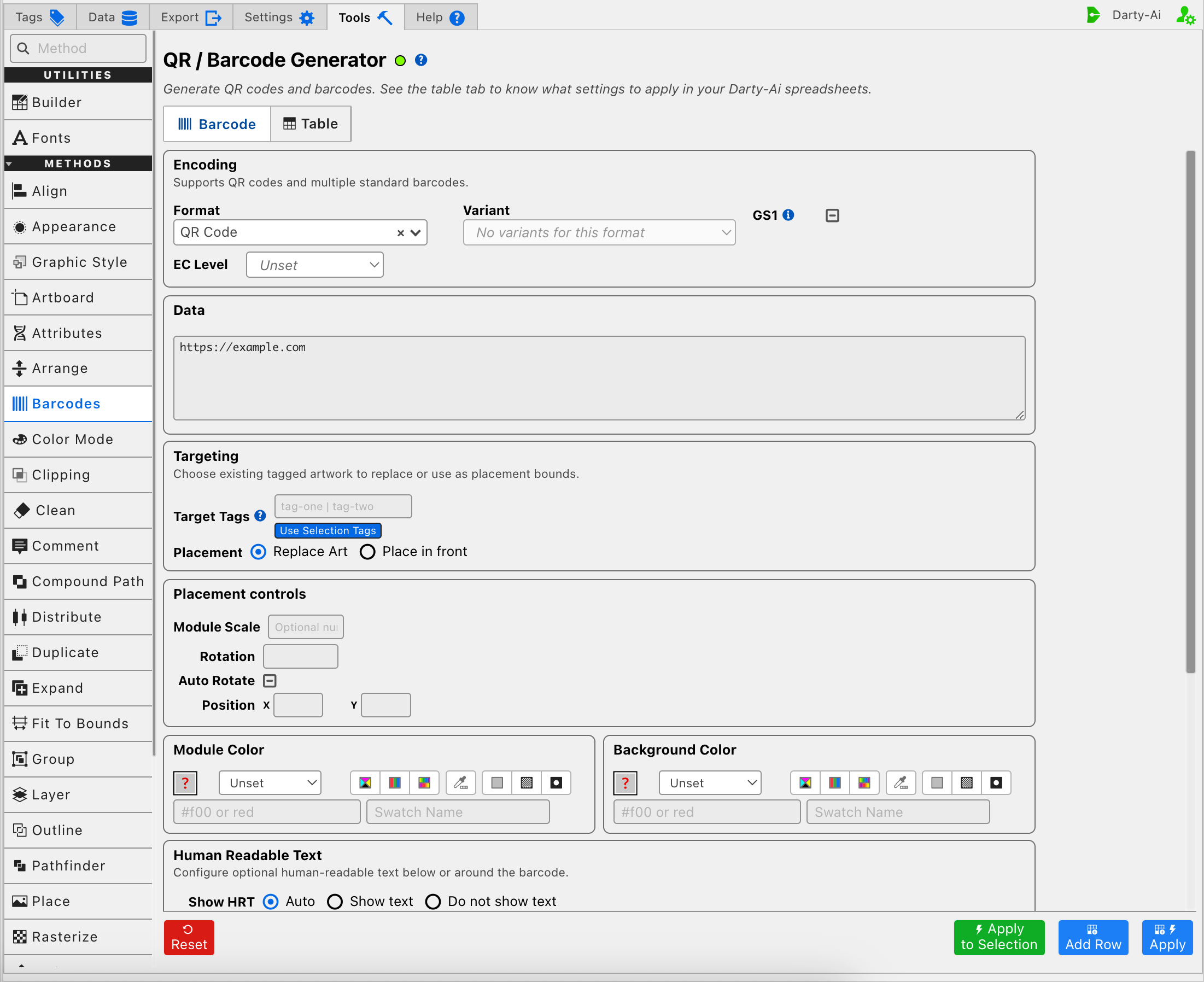 Barcode editor, upper section