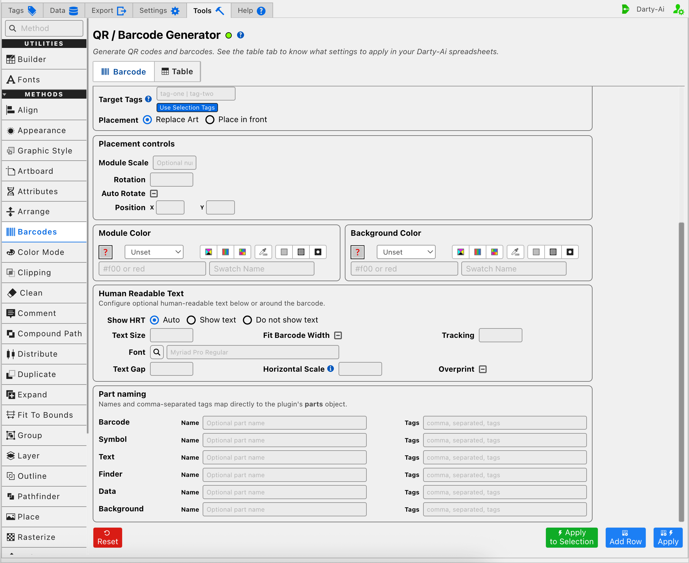 Barcode editor, lower section
