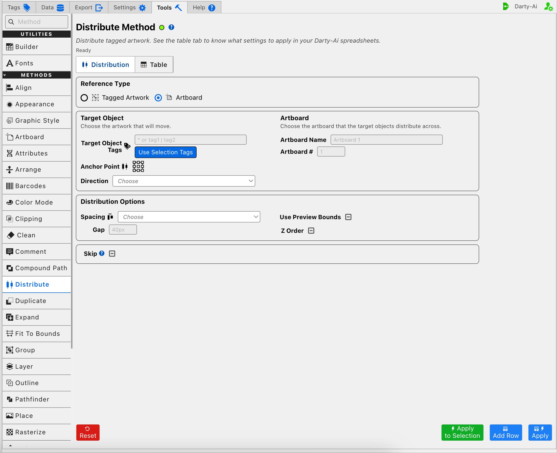 Distribute editor targeting an artboard