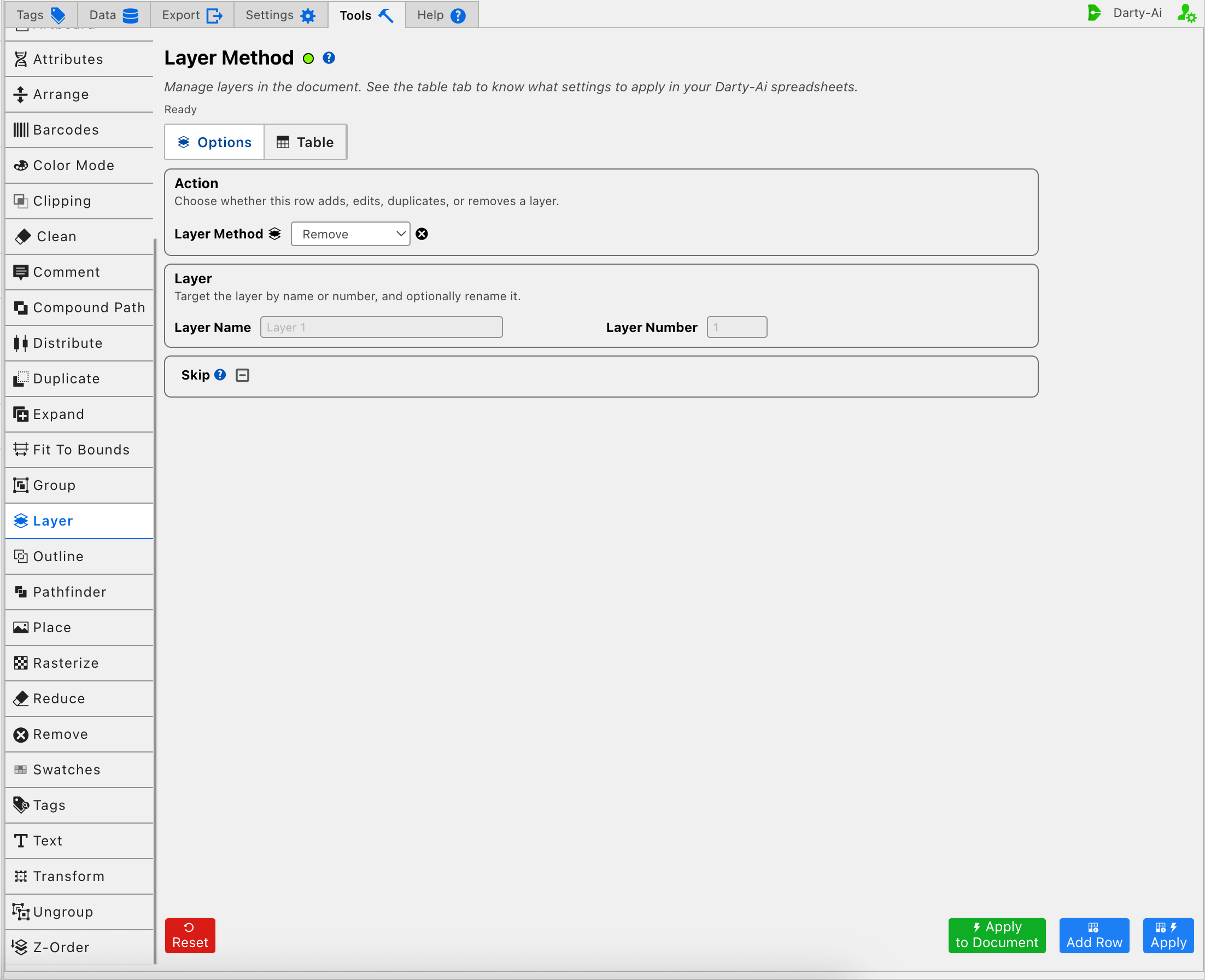 Layer editor in Remove mode