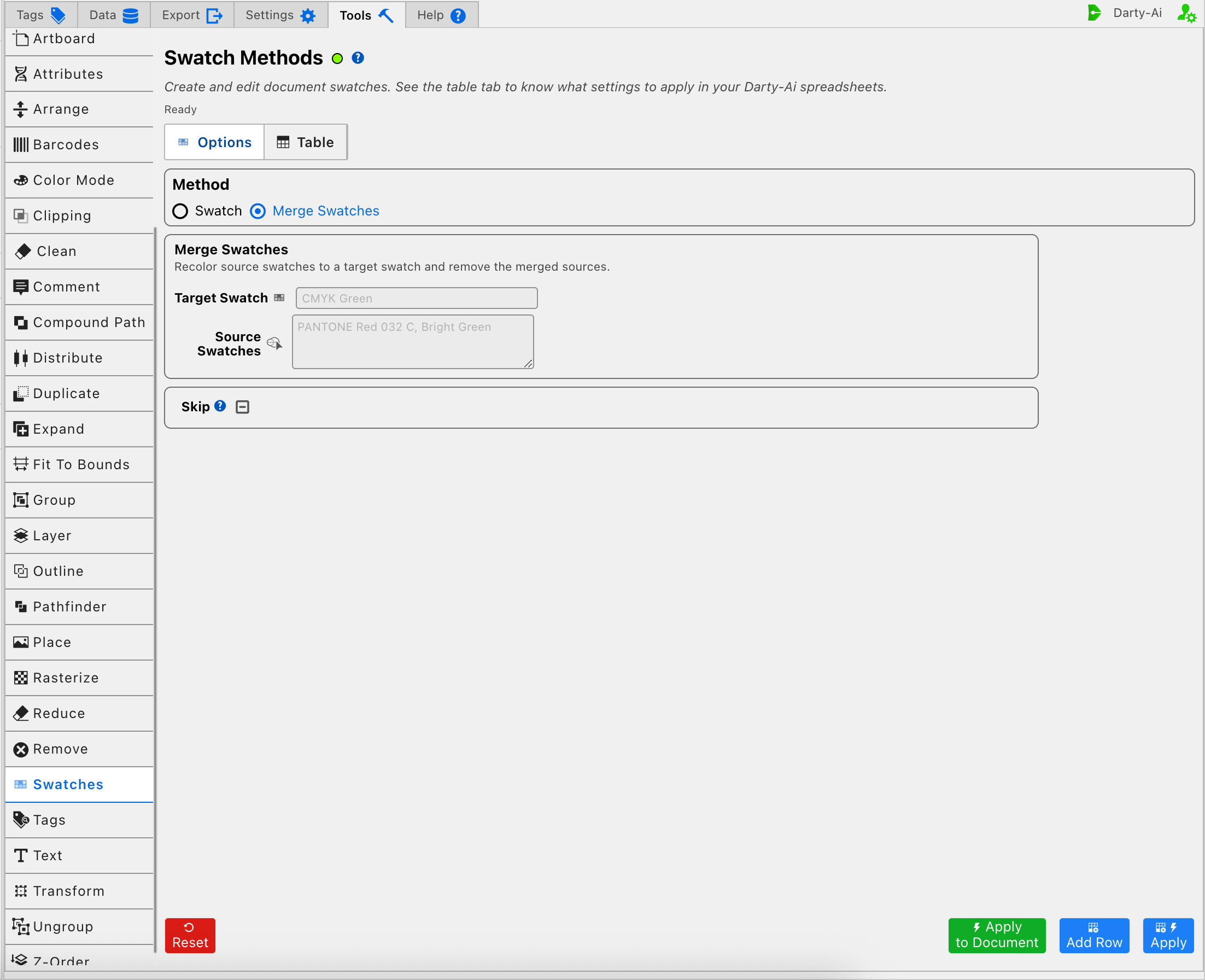 Merge Swatches method editor