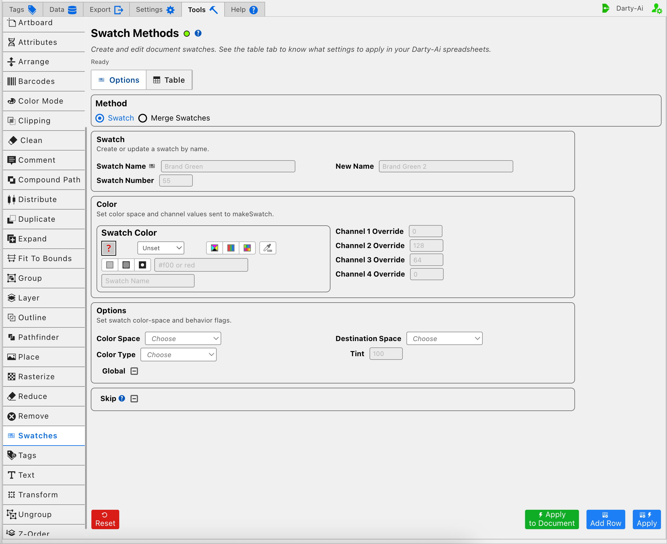 Swatch method editor