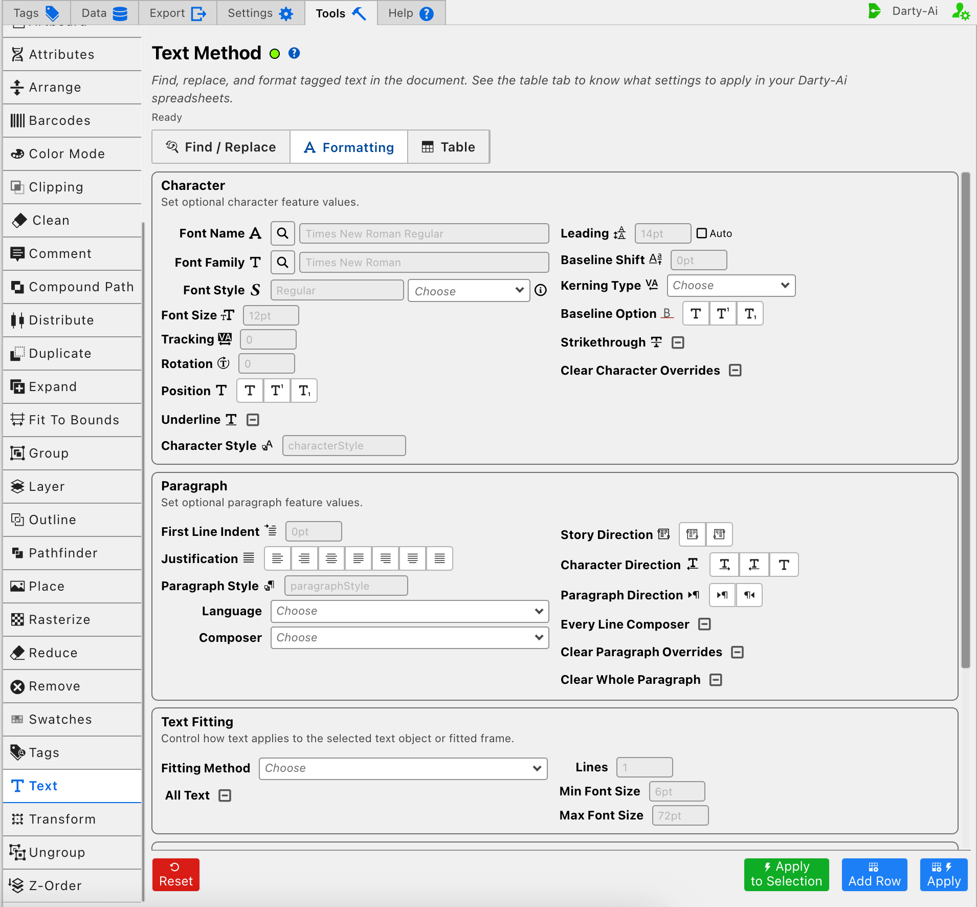 Text Formatting editor, upper section