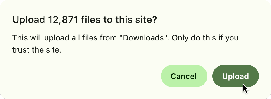 Browser confirmation asking whether to upload files from the Downloads folder