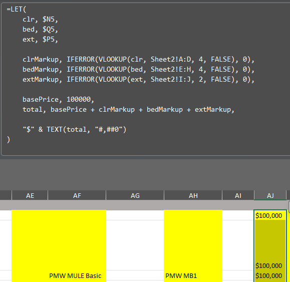 Excel formula calculates the price total based on the included features per SKU.