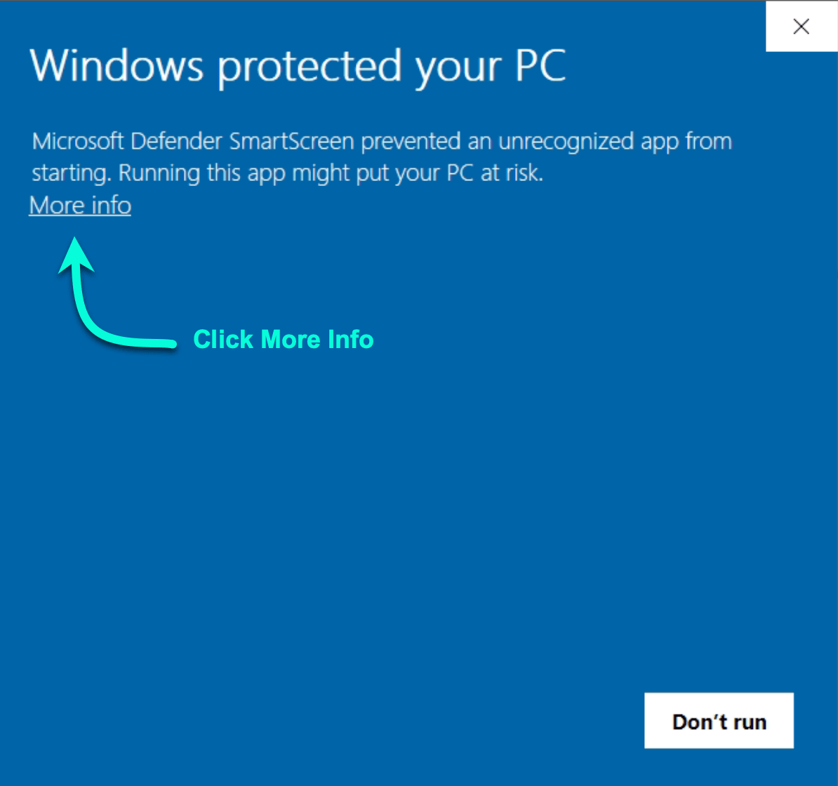 Microsoft Defender SmartScreen warning with More info highlighted