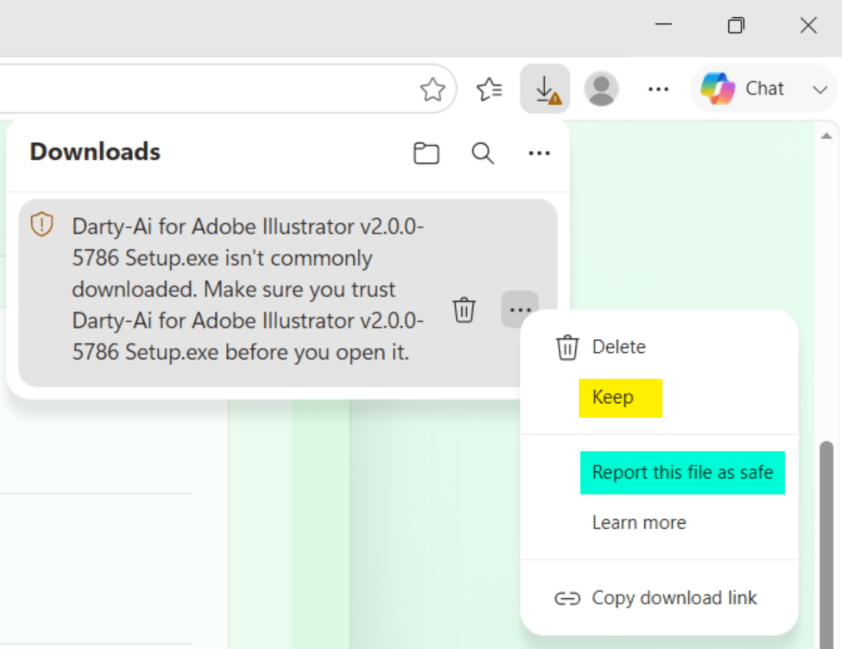 Microsoft Edge Downloads menu showing Keep and Report this file as safe