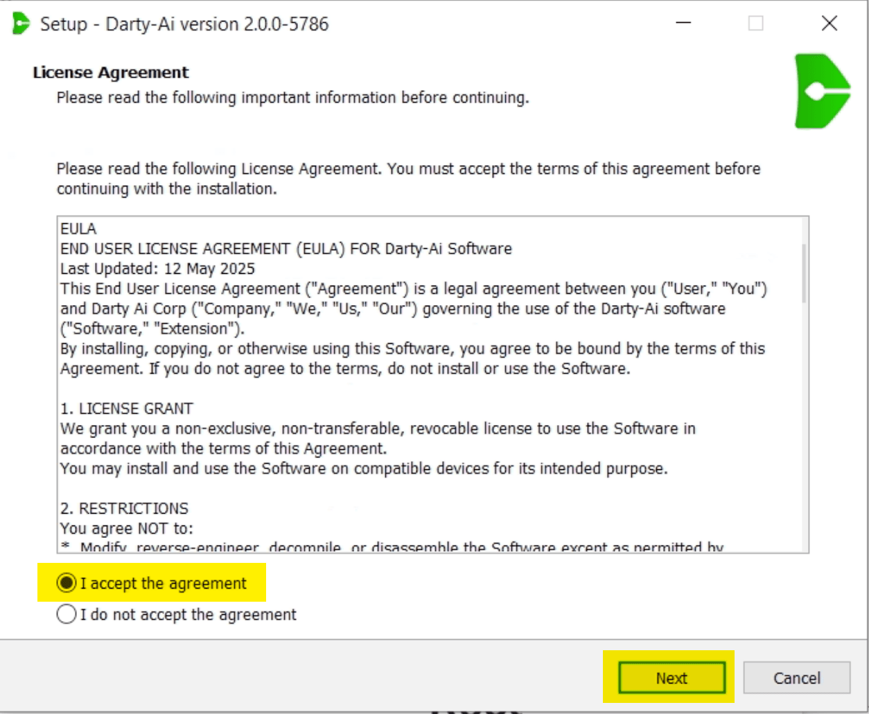 Darty-Ai Windows installer showing the license agreement acceptance and Next button