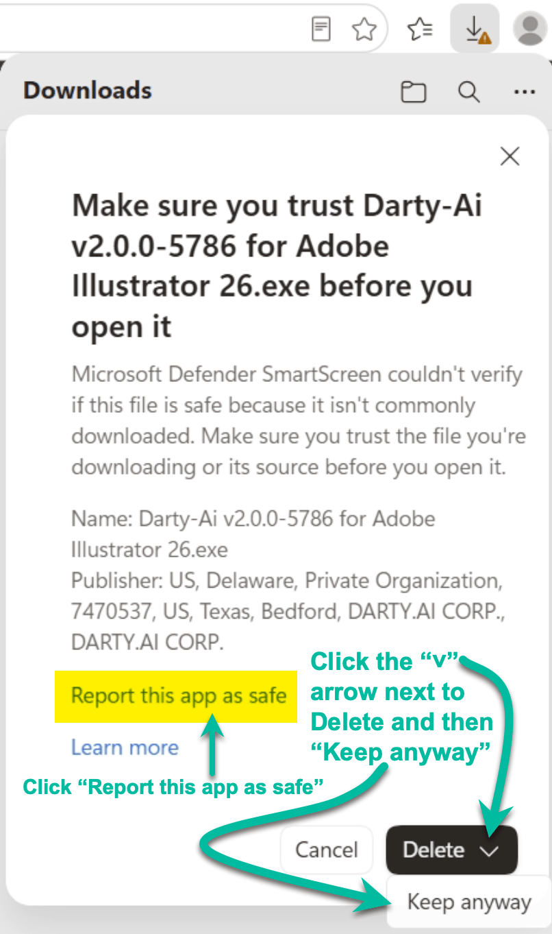 Microsoft Edge confirmation showing Report this app as safe and Keep anyway