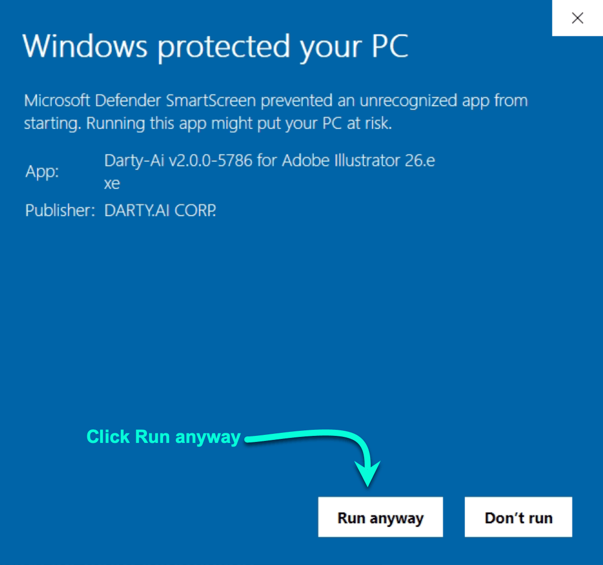 Microsoft Defender SmartScreen details identifying DARTY.AI CORP. with Run anyway highlighted